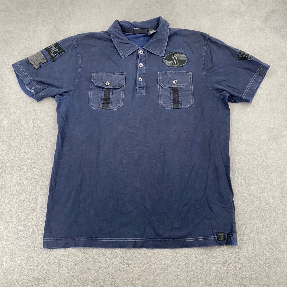 Harley Davidson Mens XL Blue Cotton Polo Shirt HDMC Biker Patch Pockets 8013